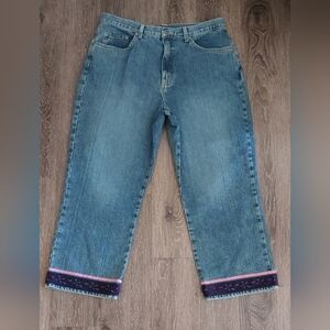 New York & Company Denim Blue Jeans Size 16 Embellished Velvet Trim 100% Cotton